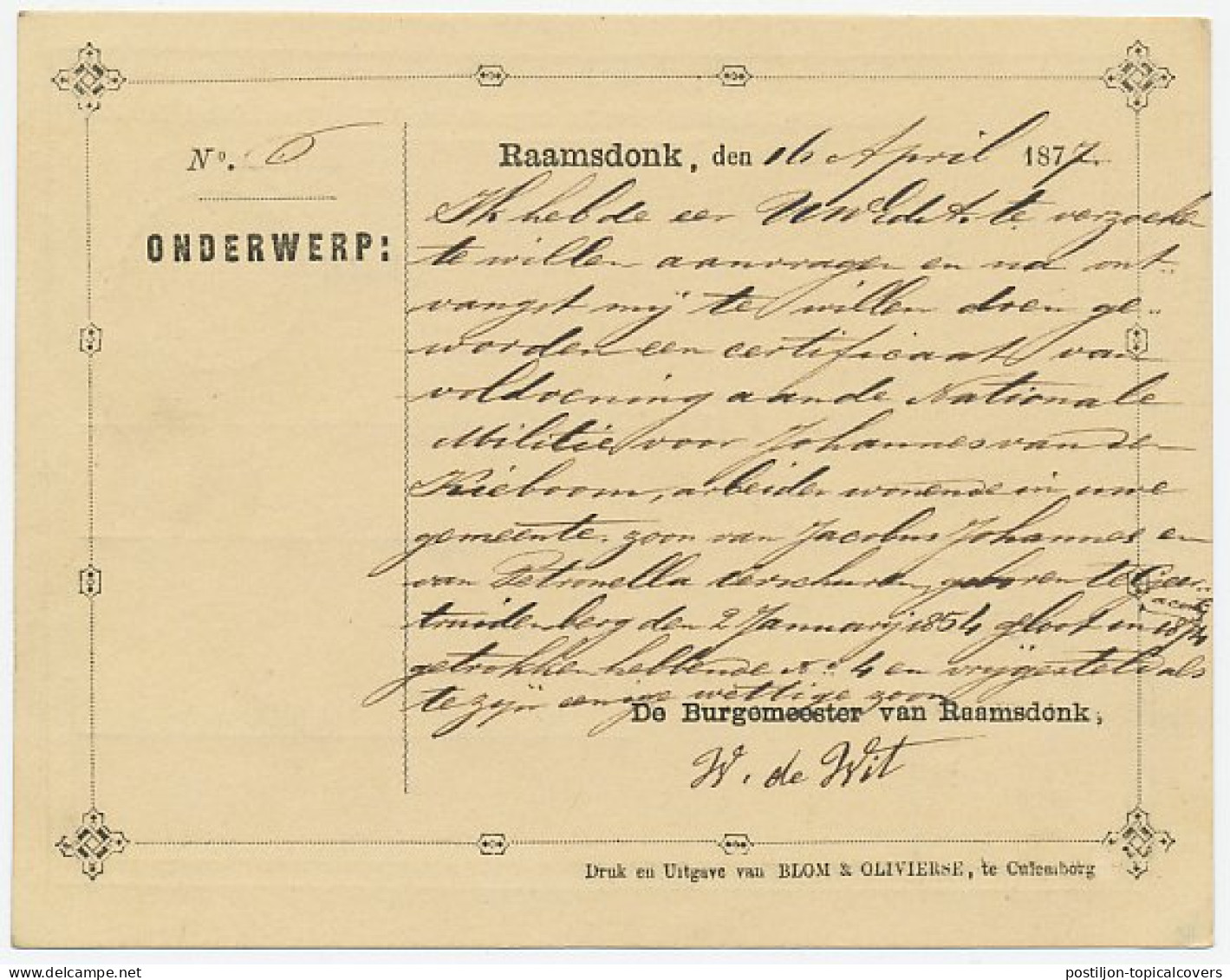 Naamstempel Raamsdonk 1877 - Briefe U. Dokumente