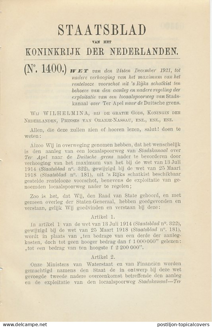 Staatsblad 1921 : Spoorlijn Stadskanaal - Ter Apel - Historical Documents