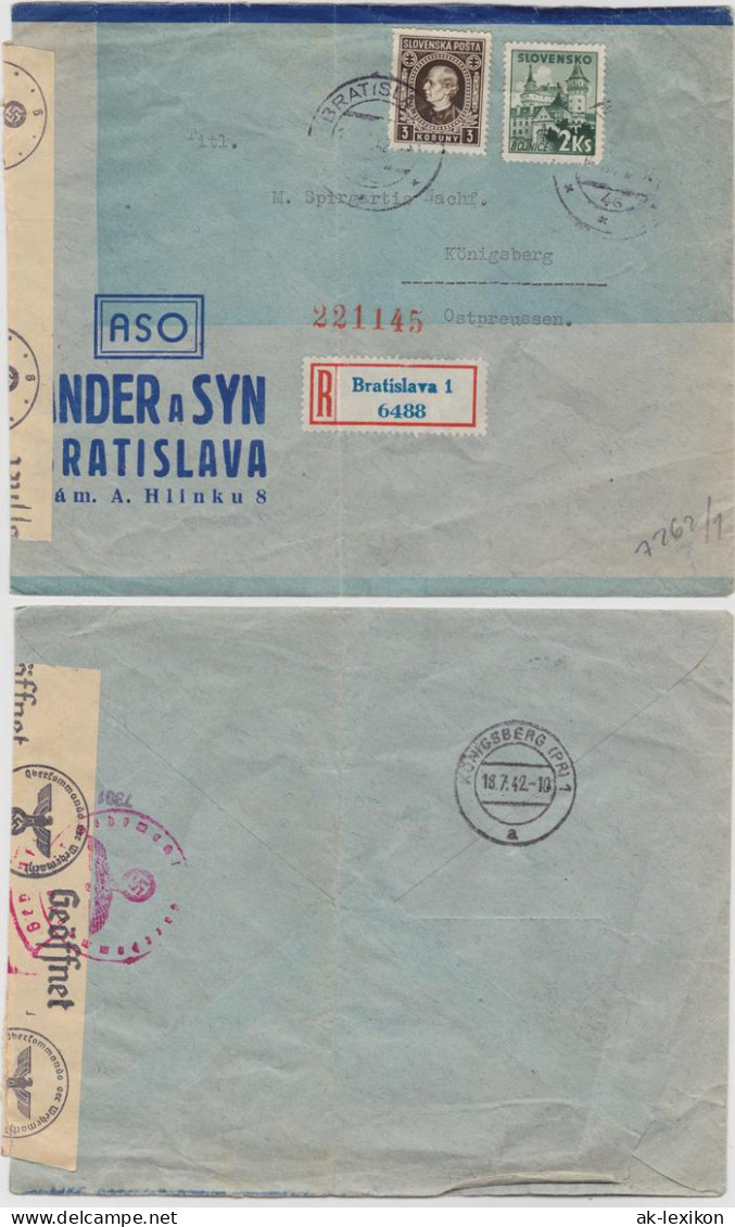 Zensur DR Brief Einschreiben Bratislava Königsberg 1942 - Ohne Zuordnung