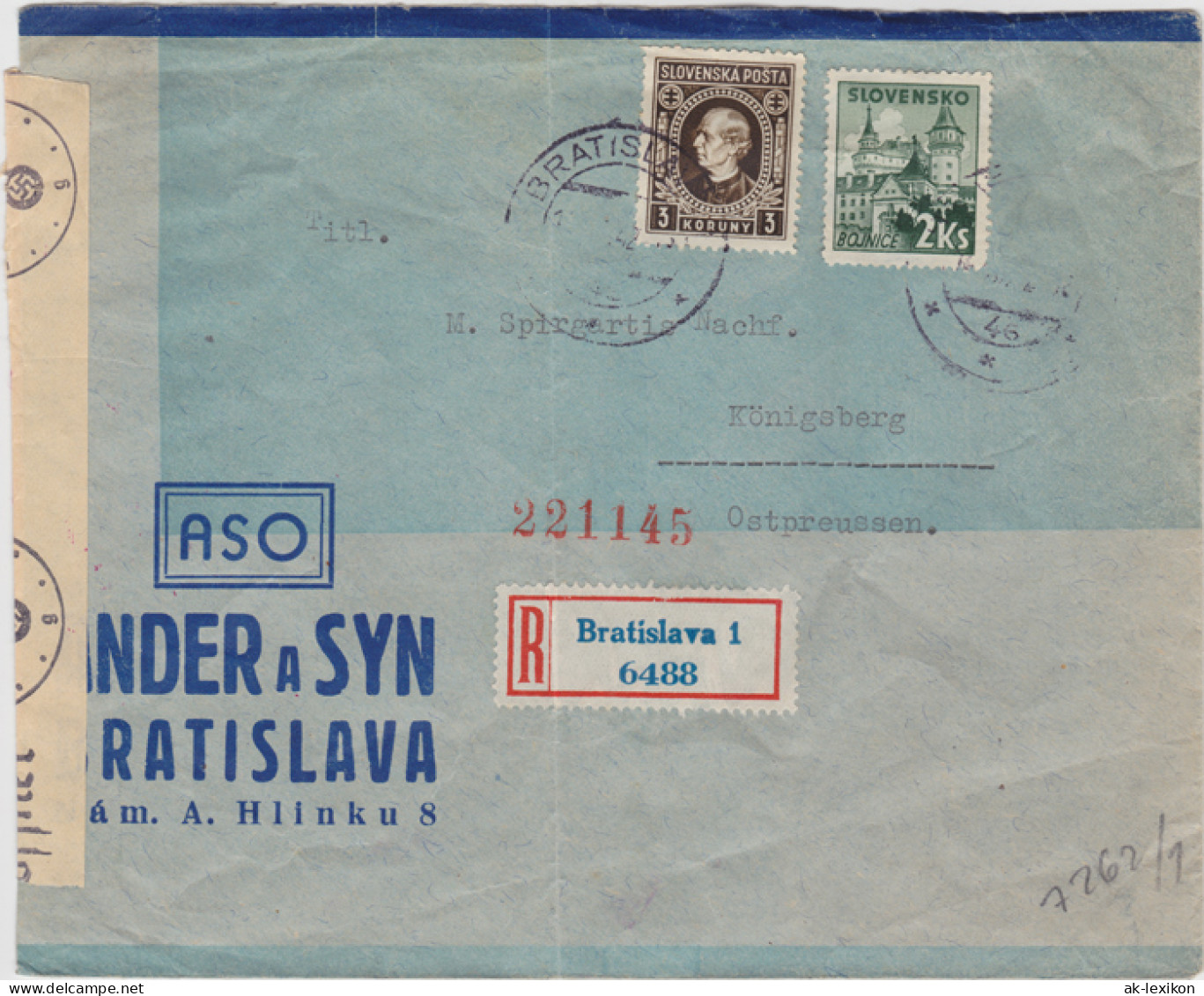 Zensur DR Brief Einschreiben Bratislava Königsberg 1942 - Non Classés