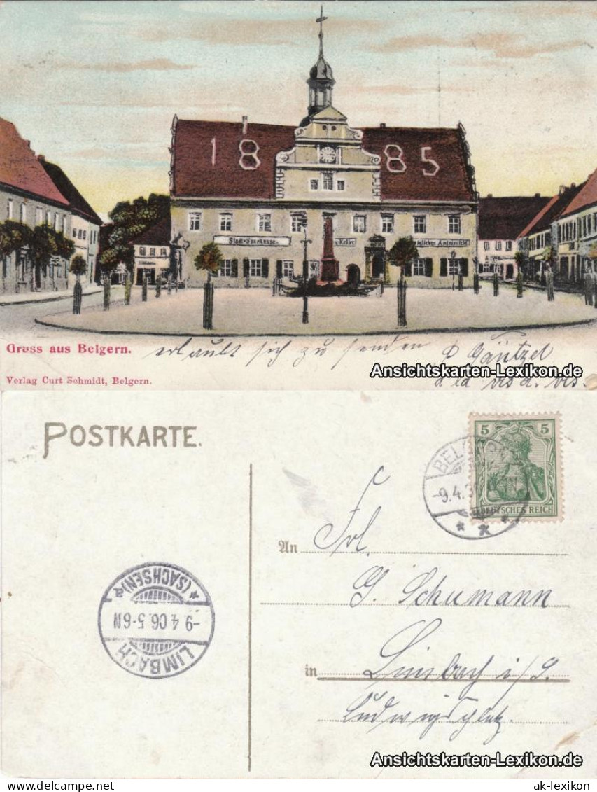 Belgern Marktplatz Mit Sparkasse, Rathaus Und Kriegerdenkmal 1906  - Belgern