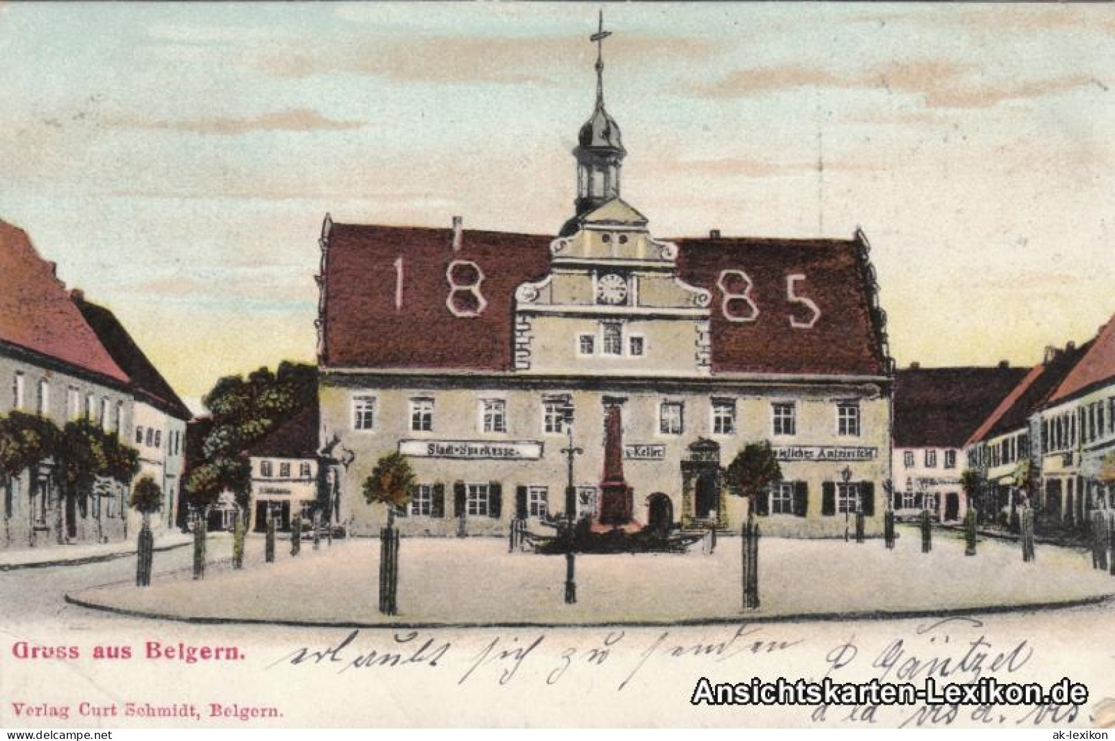 Belgern Marktplatz Mit Sparkasse, Rathaus Und Kriegerdenkmal 1906  - Belgern