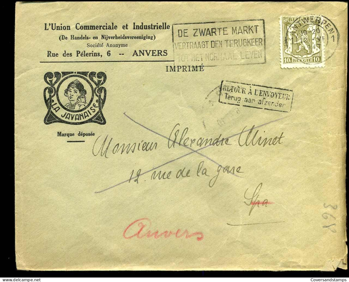 Cover Naar Spa - 'L'Union Com. Et Industrielle, Anvers"  -- La Javanais -- Terug Aan Afzender/Retour .. - 1935-1949 Sellos Pequeños Del Estado