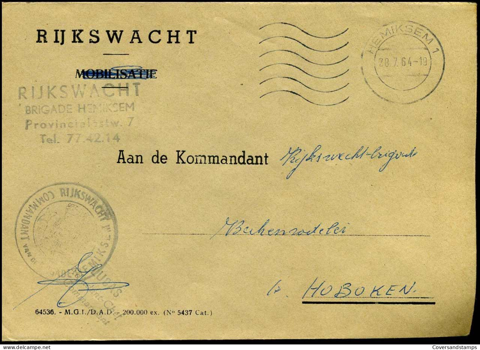 Cover Naar Hoboken - "Rijkswacht, Brigade Hemiksem" - Lettres & Documents