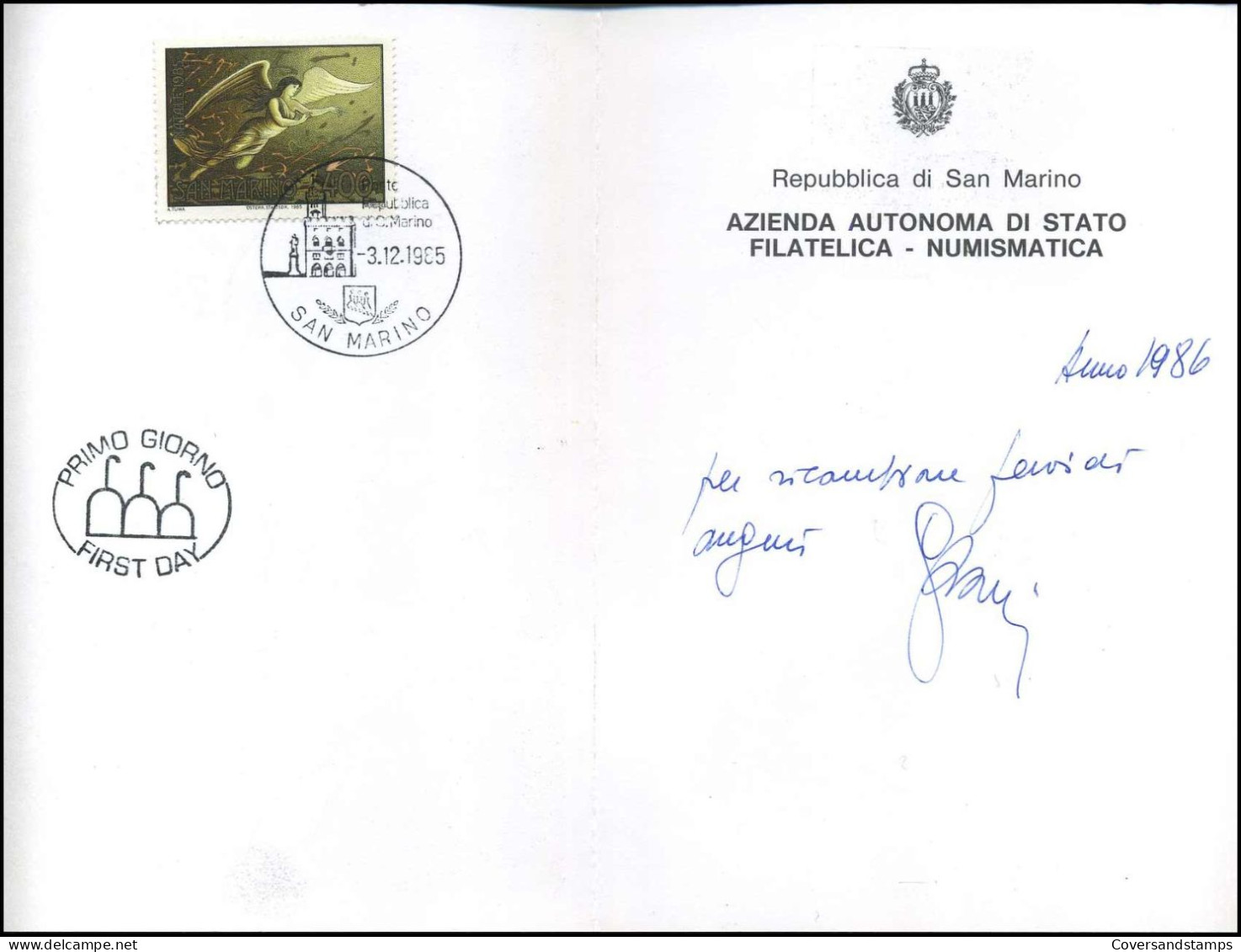 Christmas Wishes 1985 San Marino Postal Office - Brieven En Documenten