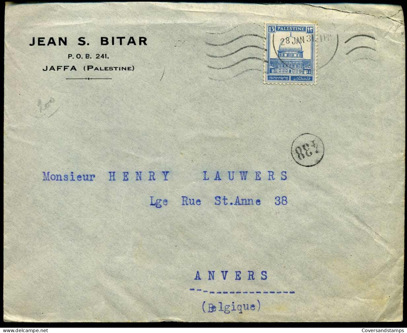 Cover To Antwerp, Belgium - "Jean S. Bitar, Jaffa, Palestine" -- 28/01/1931 - Palestine