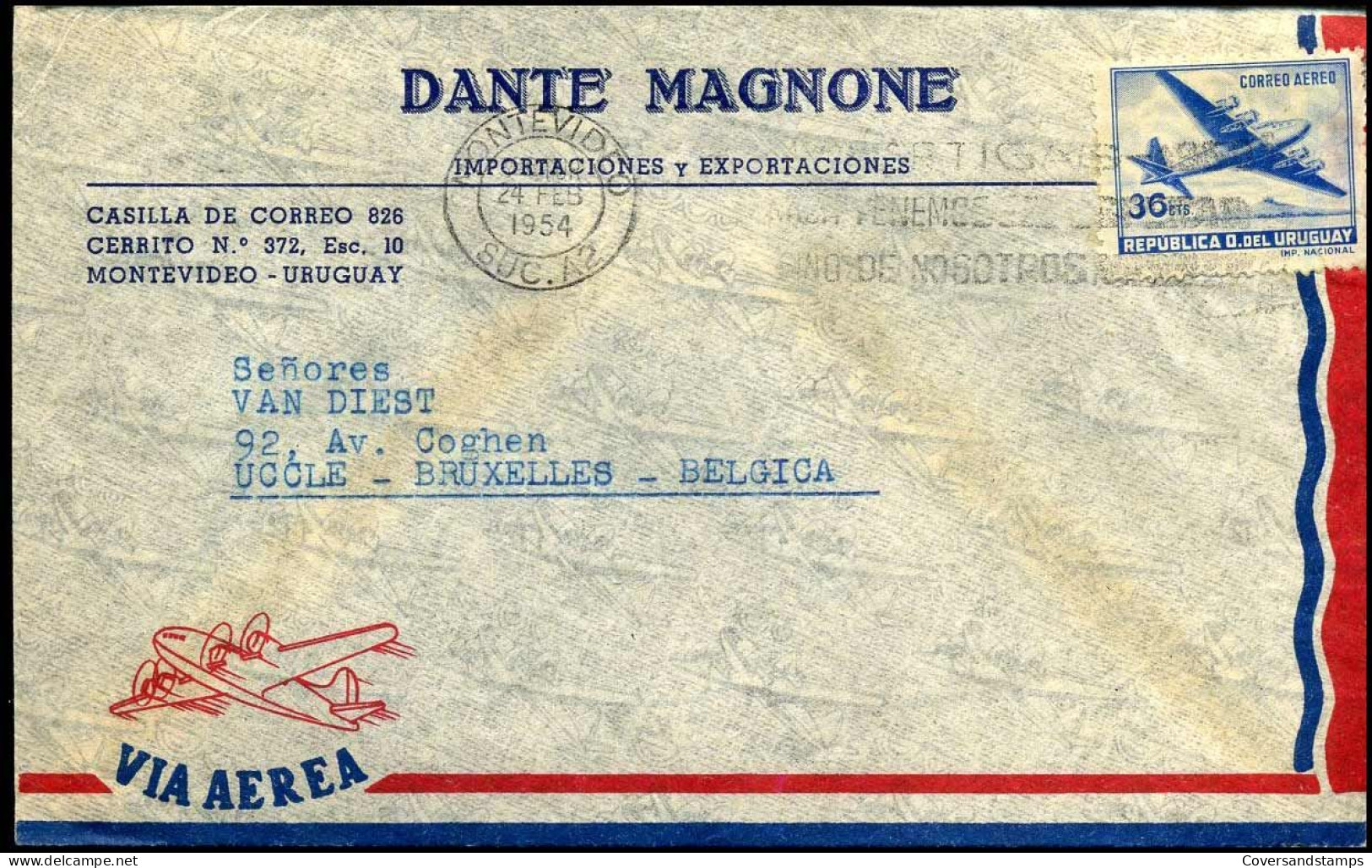 Cover To Brussels, Belgium - "Dante Magnone, Importaciones Y Exportaciones" - Uruguay