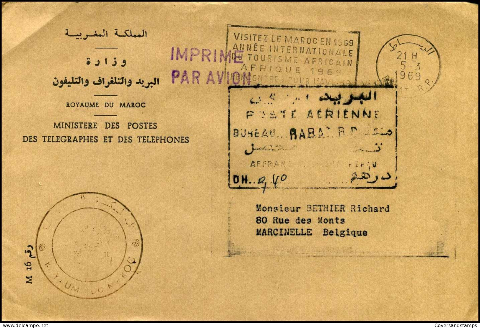 Cover To Marcinelle, Belgium - "Ministrère Des Postes Et Des Télécommunications" - Morocco (1956-...)