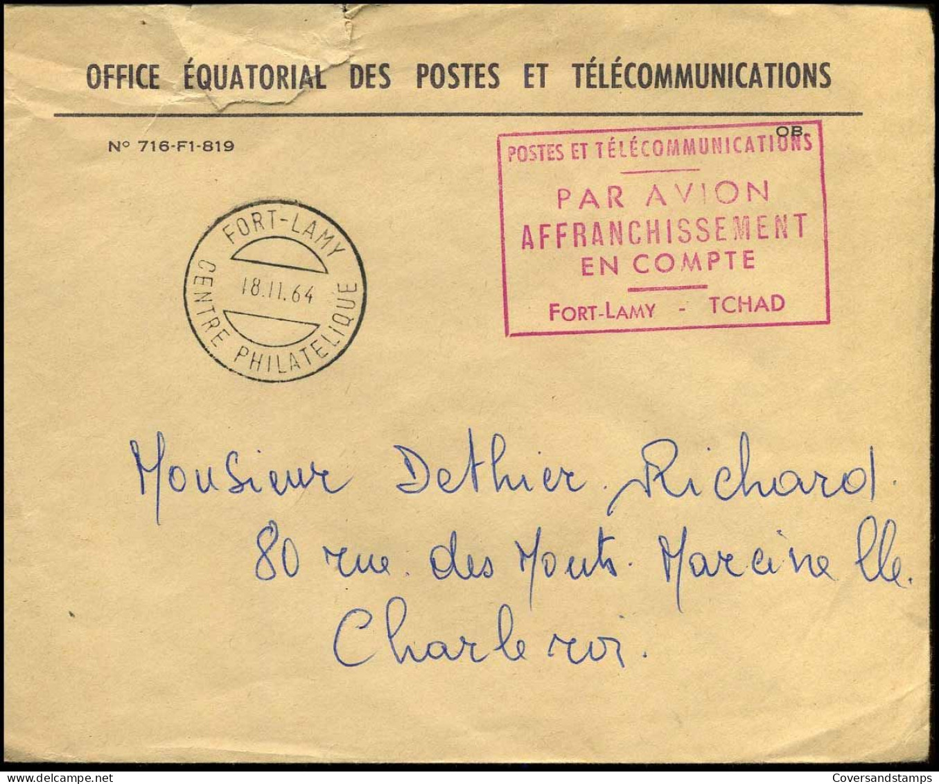 Cover To Marcinelle, Belgium - "Office Equatorial Des Postes Et Télécommunications" - Tchad (1960-...)