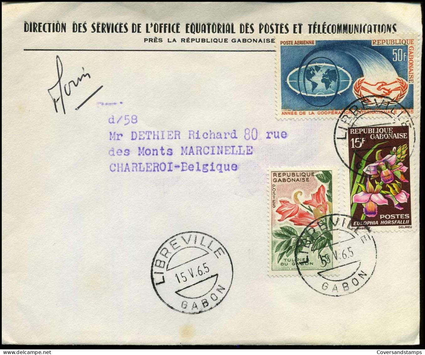 Cover To Marcinelle, Belgium - "Direction Des Services De L'Office Equatorial Des Postes Et Télécommunications" - Gabon