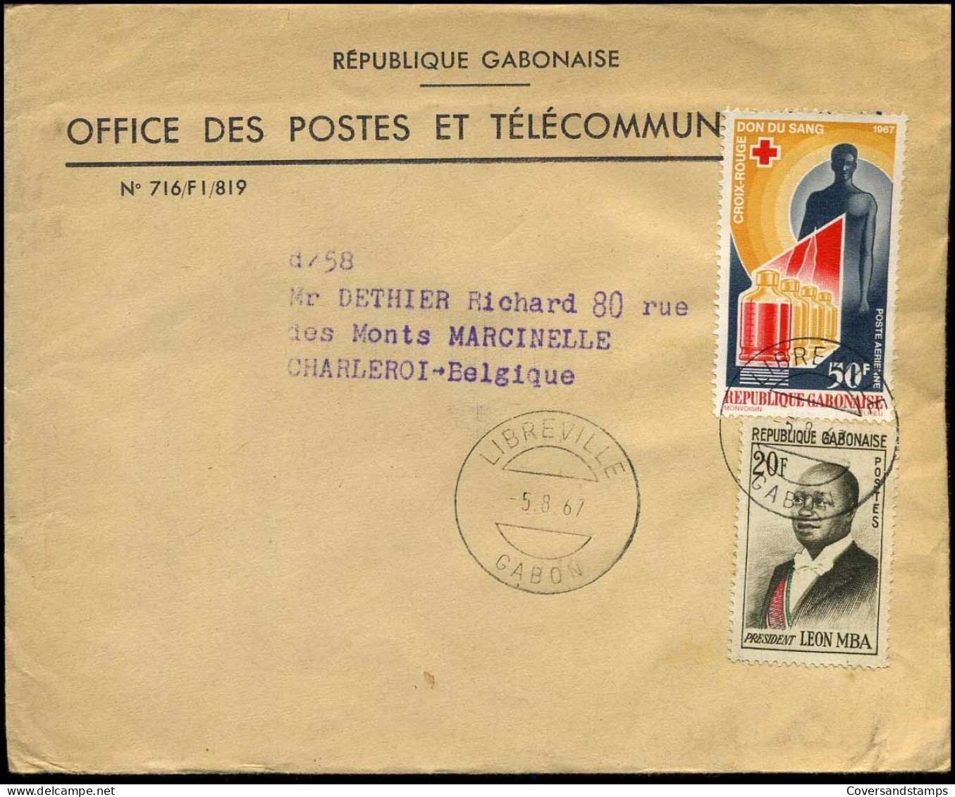 Cover To Marcinelle, Belgium - "Office Des Postes Et Télécommunications" - Gabon (1960-...)