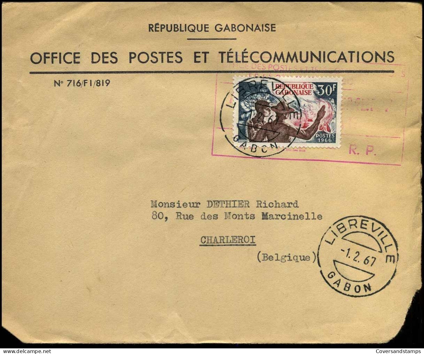 Cover To Marcinelle, Belgium - "Office Des Postes Et Télécommunications" - Gabon (1960-...)