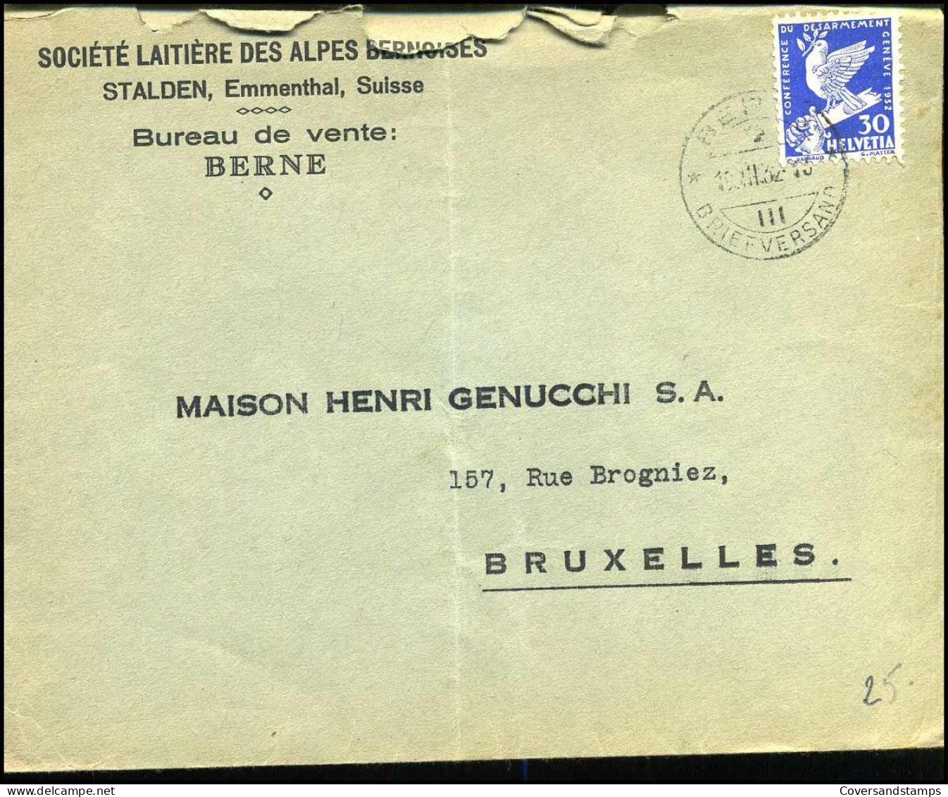 Cover To Brussels, Belgium - "Société Laitière Des Alpes  Bernoises, Stalden, Emmenthal, Suisse" - Briefe U. Dokumente