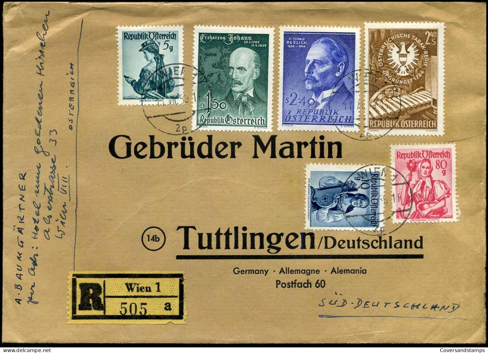 Registered Cover To Tuttlingen, Germany - "Gebrüder Martin" - Briefe U. Dokumente