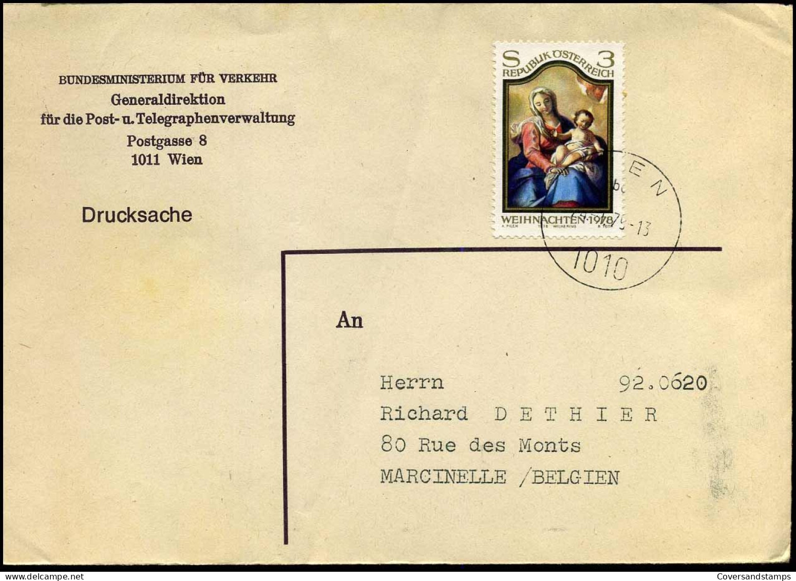 Cover To Marcinelle, Belgium - "Bundesministerium Für Verkehr, Generaldirektion Für Die Post-u. Telegraphenverwaltung" - Lettres & Documents