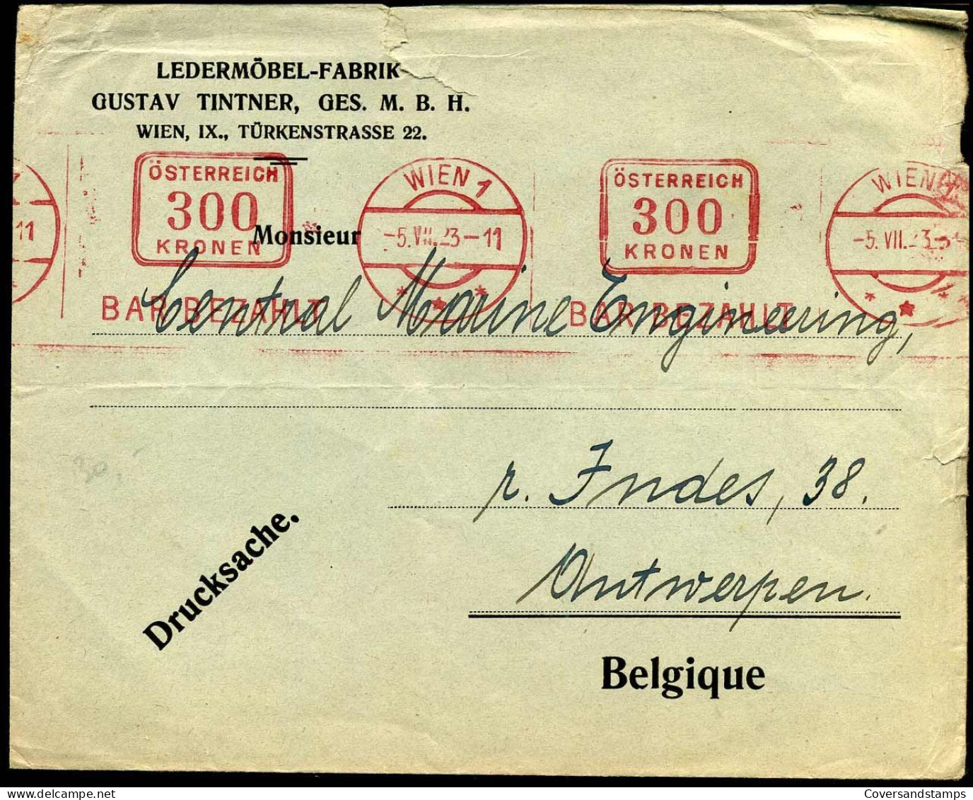 Cover To Antwerp, Belgium - "Ledermöbel Fabrik Gustav Tintner Ges. M.B.H., Wien" - Lettres & Documents