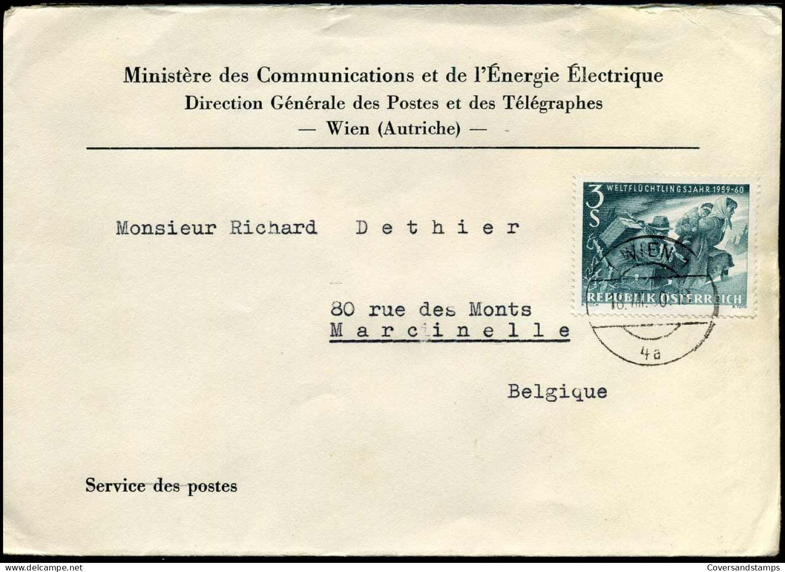 Cover To Marcinelle, Belgium - "Ministère Des Communications Et De L'Energie Electrique" - Lettres & Documents
