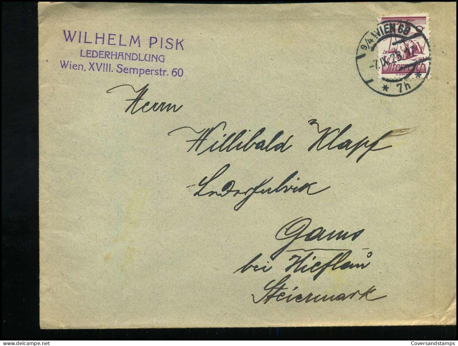 Cover To Gams - "Wilhelm Pisk, Lederhandlung, Wien" - Storia Postale