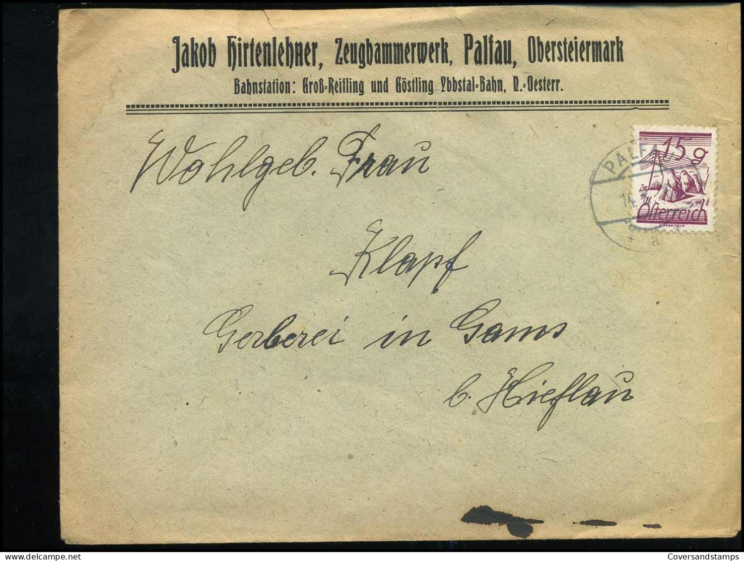 Cover To Gams - "Jakob Hirtenlehner, Zeughammerwerk, Palfau, Obersteiermark" - Cartas & Documentos