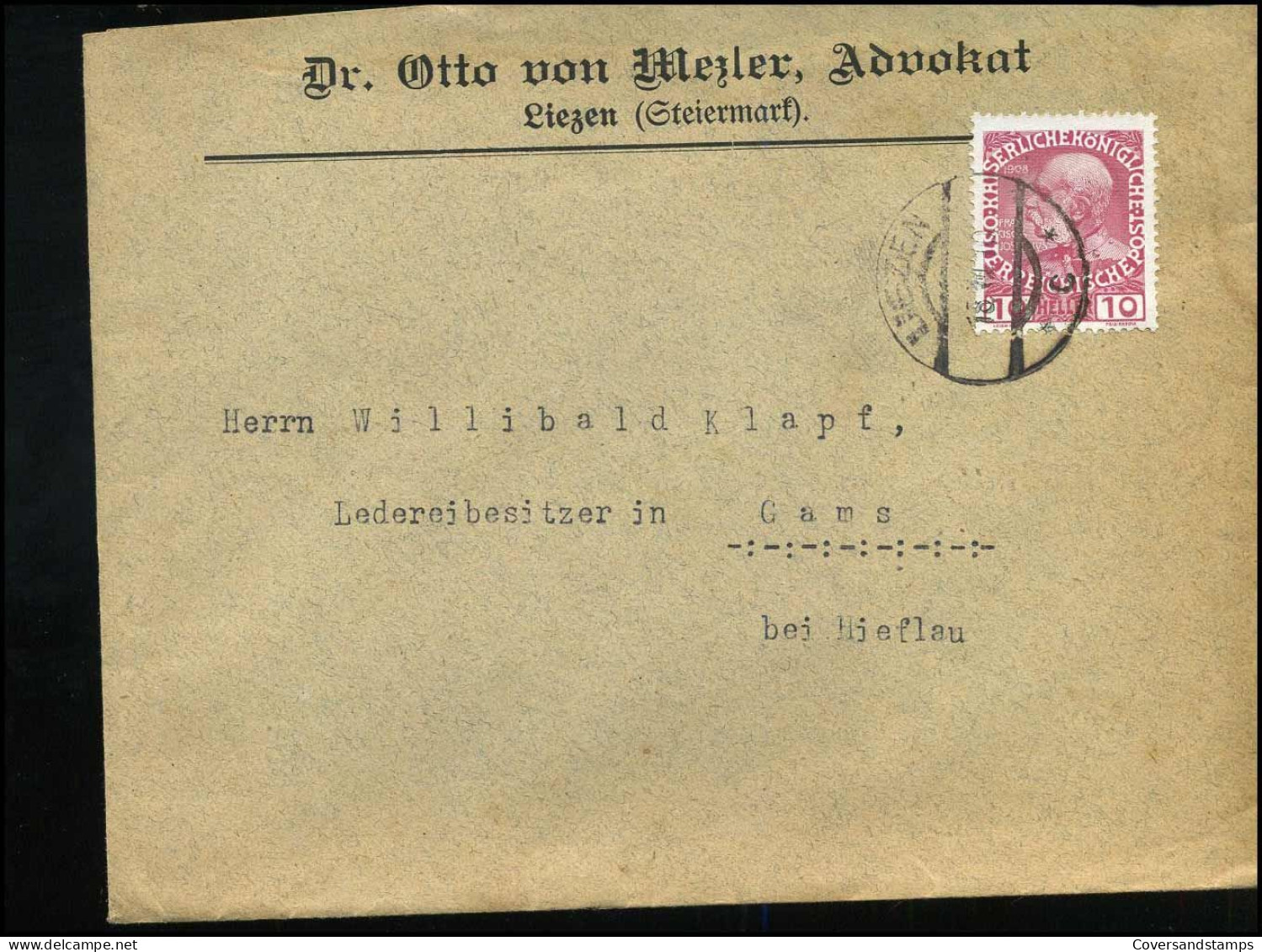 Cover To Gams - "Dr. Otto Von Mezler, Advokat, Liezen" - Lettres & Documents