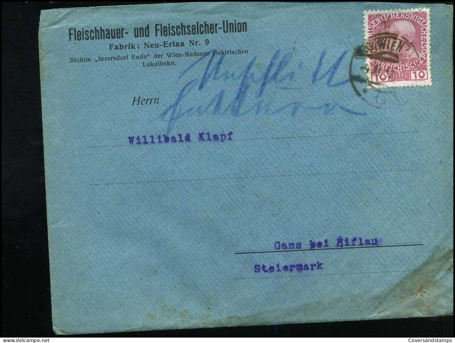 Cover To Gams - "Fleischhauer- Und Fleischselcher-Union, Frabrik : Neu-Erlaa Nr. 9" - Lettres & Documents