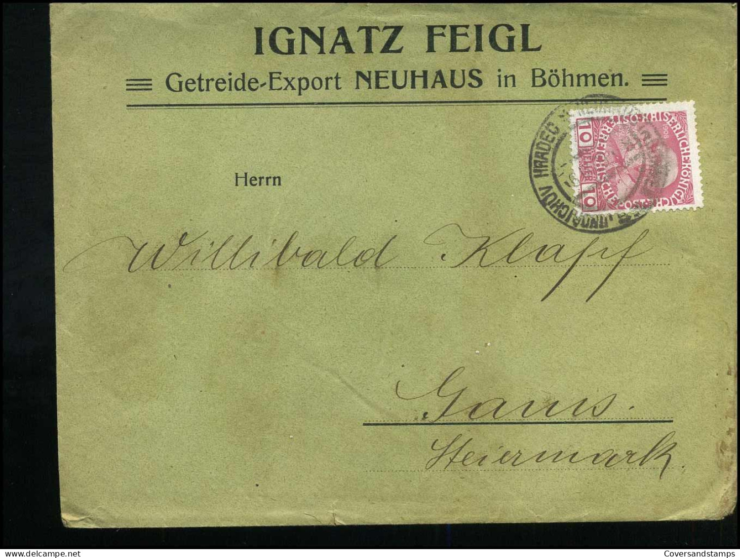 Cover To Gams - "Ignatz Feigl, Getreide-Export Neuhaus In Böhmen" - Brieven En Documenten