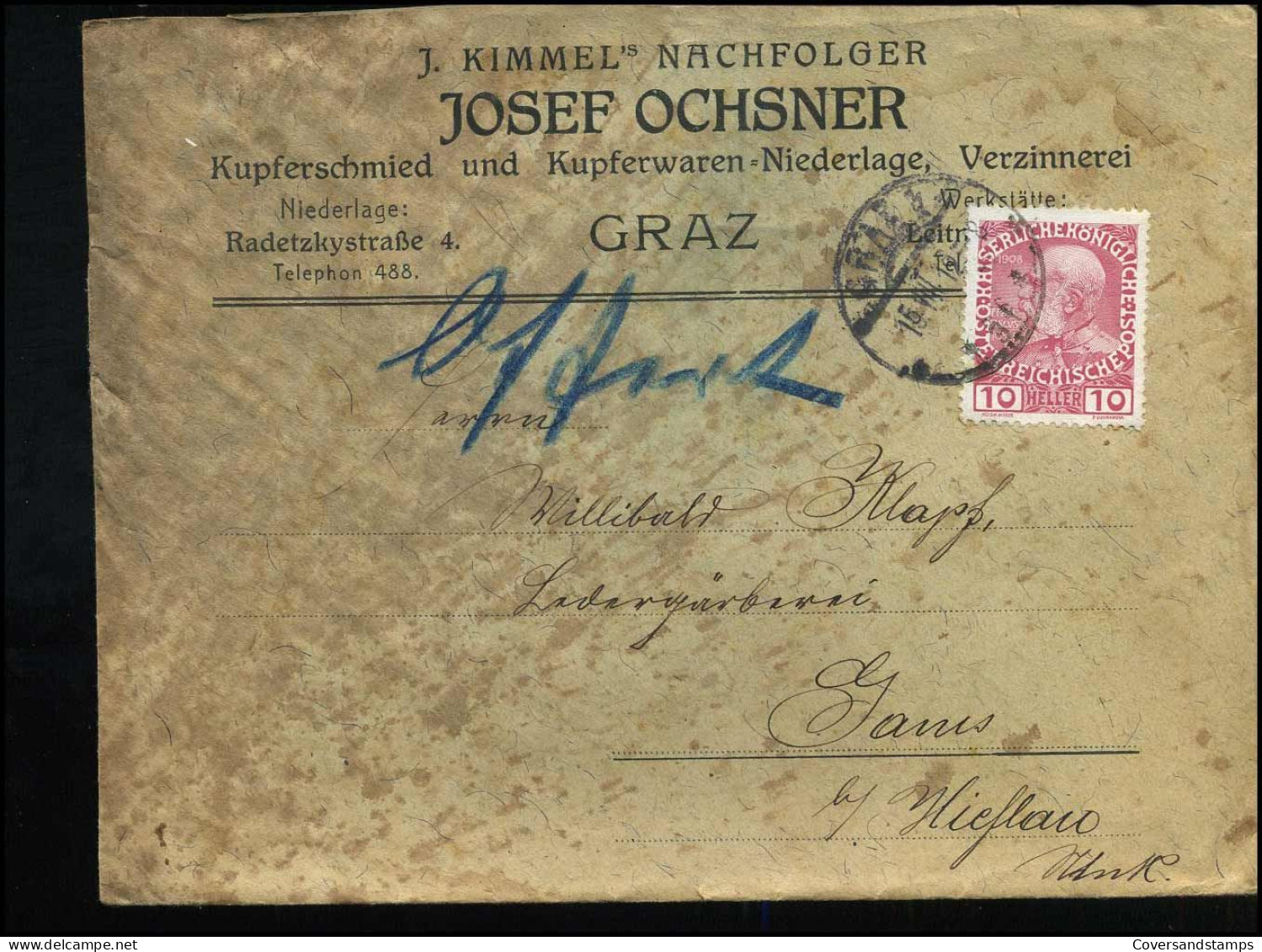 Cover - " J. Kimmel's Nachfolger Josef Ochsner, Kupferschmied Unf Kupferwaren, Graz" - Covers & Documents