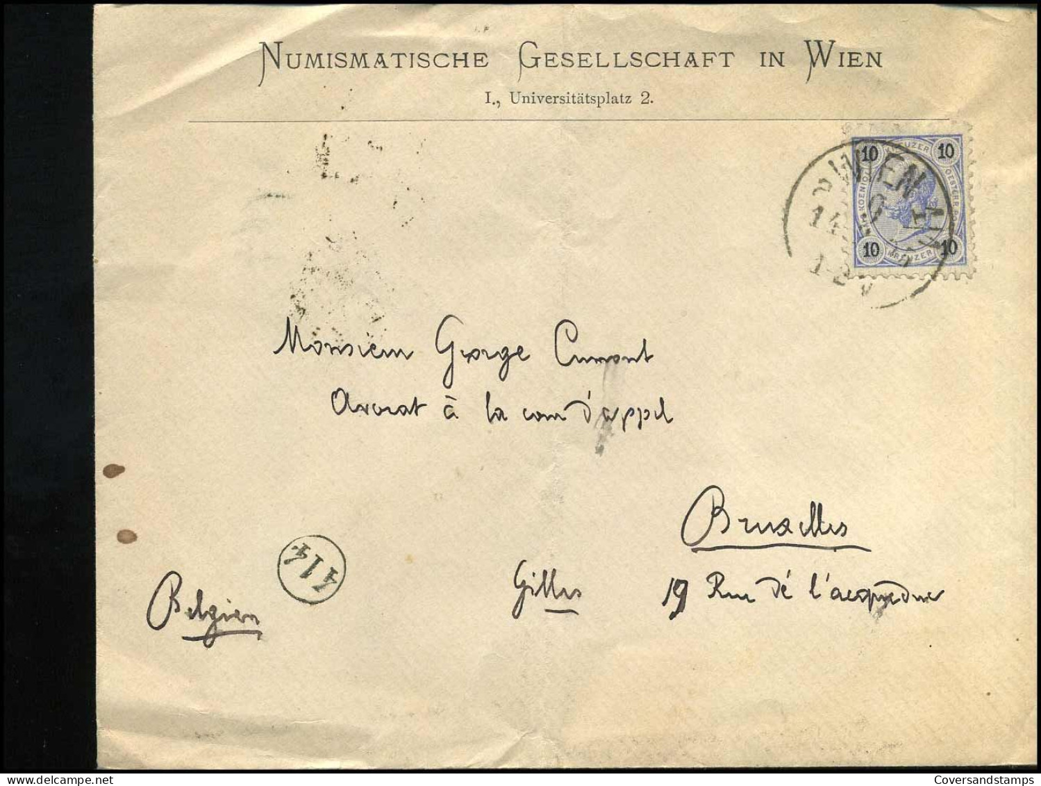 Cover To Brussels, Belgium - "Numismatische Gesellschaft In Wien" - Covers & Documents