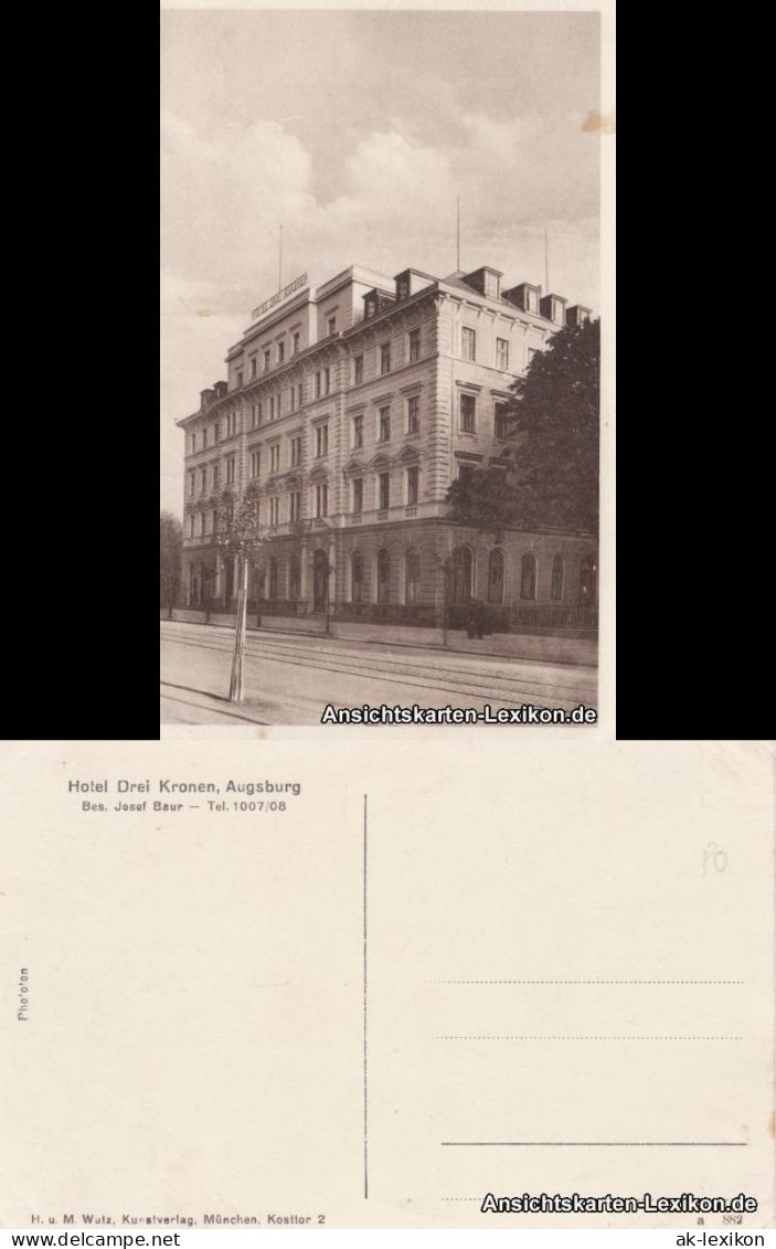 Ansichtskarte Augsburg Hotel Drei Kronen (Bes. Josef Baur) 1926  - Augsburg