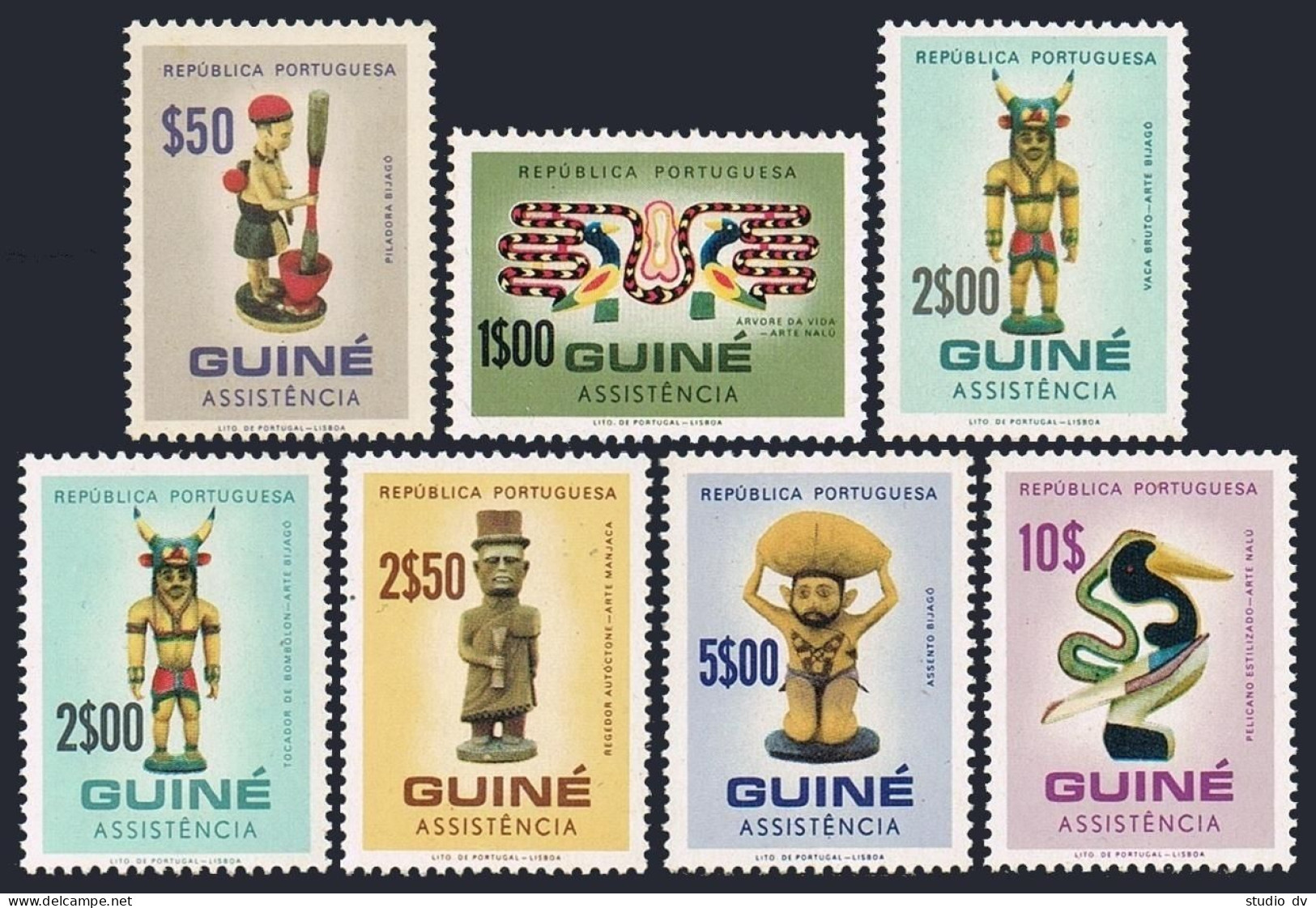 Portuguese Guinea RA17-RA23, MNH. Mi Zw 24-30. Tax-1968. Carved Figurine, Bird. - Guinée (1958-...)