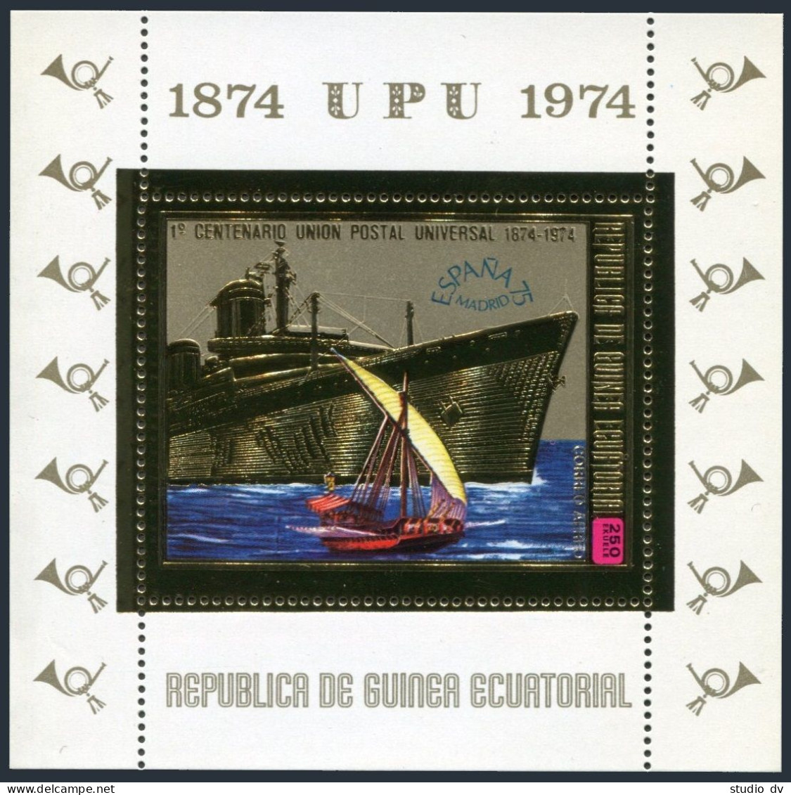 Eq Guinea Mi Bl.140-142,MNH. UPU-100,ESPANA-75: Ship,sailboat;Biplane,Concorde, - Guinée (1958-...)
