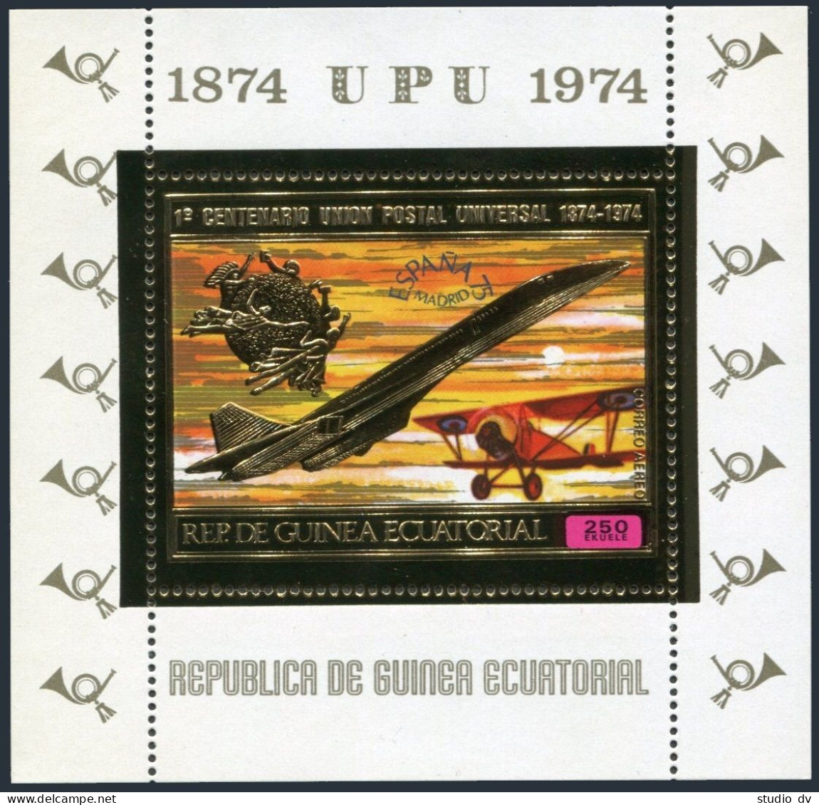 Eq Guinea Mi Bl.140-142,MNH. UPU-100,ESPANA-75: Ship,sailboat;Biplane,Concorde, - Guinea (1958-...)