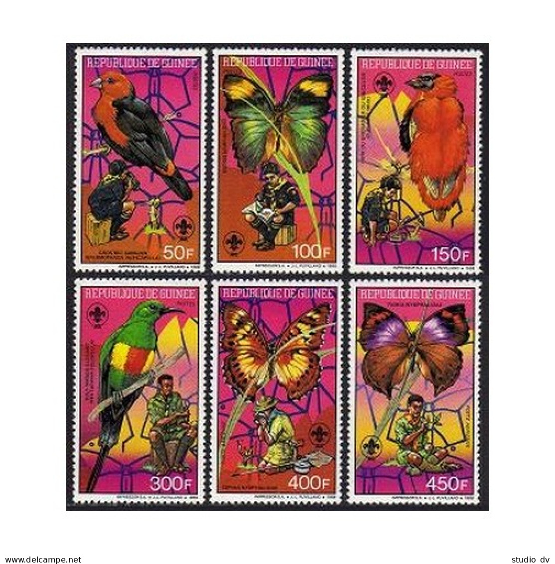 Guinea 1088-1093,MNH.Michel 1208-1213. Boy Scouts,1988,Birds,Butterflies. - Guinée (1958-...)