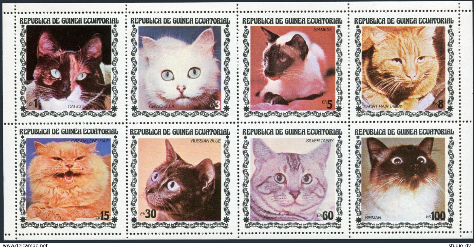 Eq Guinea Michel 1403-1410 Size 187x96,Bl.A309,MNH.Cats - Guinea (1958-...)