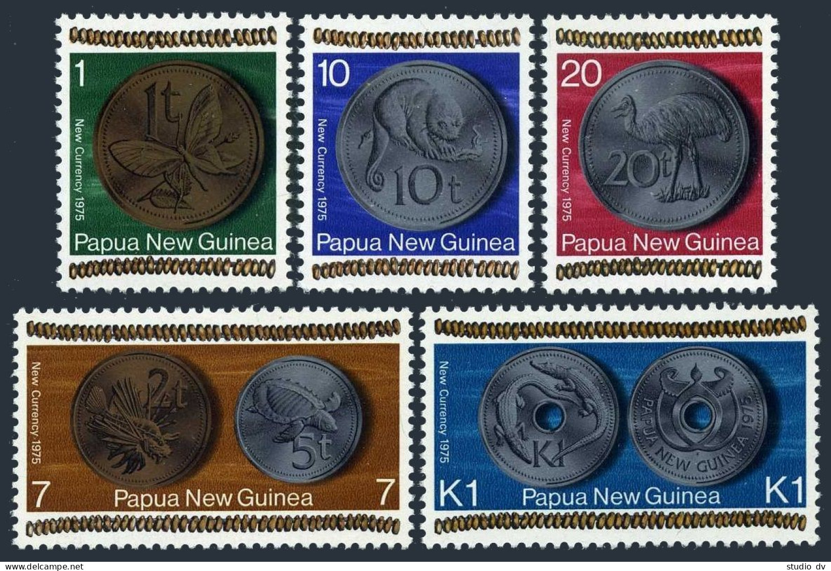 Papua New Guinea 410-414, MNH. Mi 283-288. Coinage 1975. Butterfly, Turtle,Bird, - Guinea (1958-...)