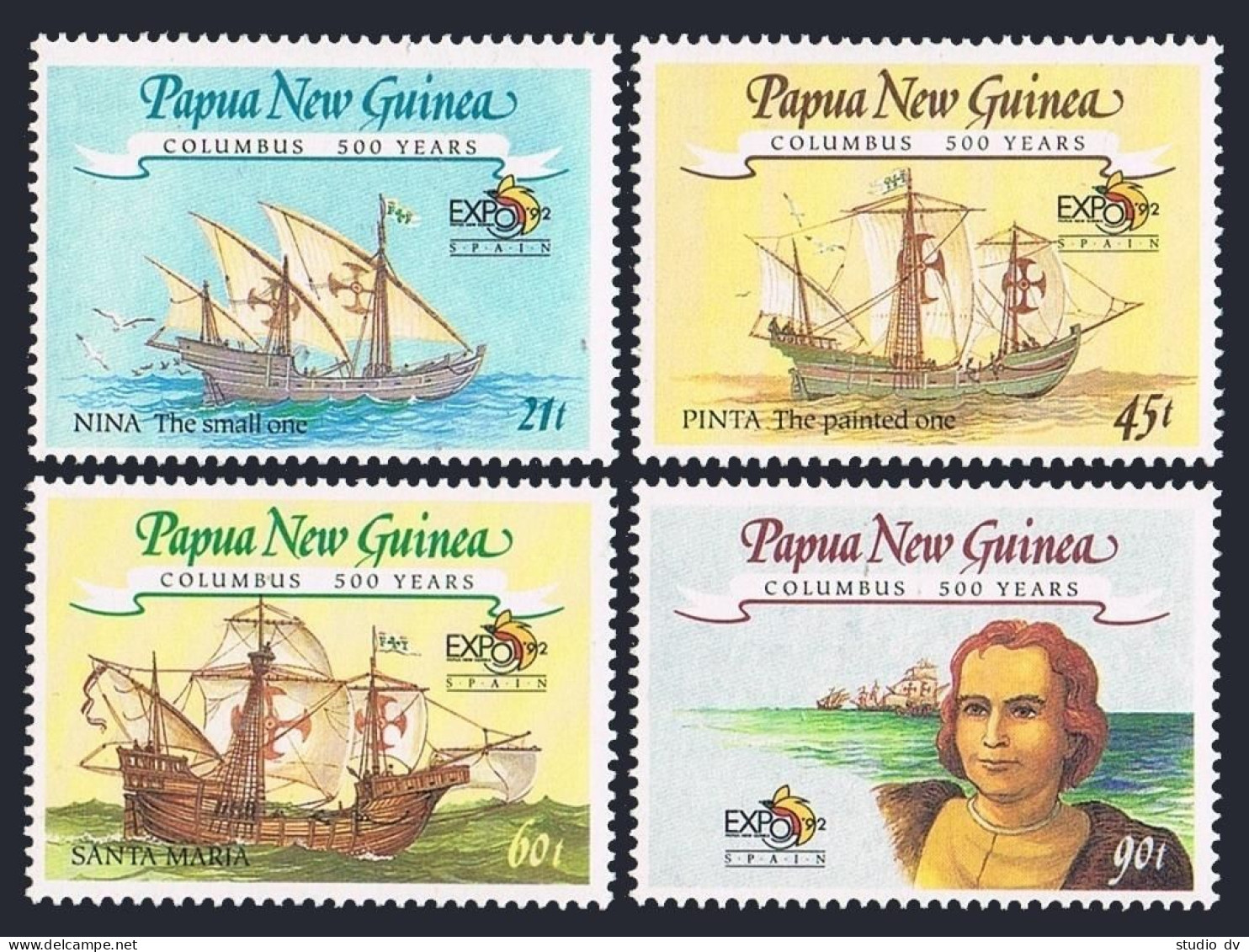 Papua New Guinea 782-785, 785a, MNH. Columbus-500. Ships Nina,Pinta,Santa Maria. - Guinea (1958-...)