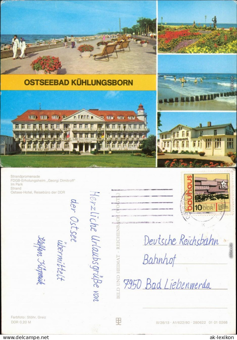 Kühlungsborn Strandpromenade, FDGB-Erholungsheim Georg Dimitroff Reisebüro 1980 - Kühlungsborn