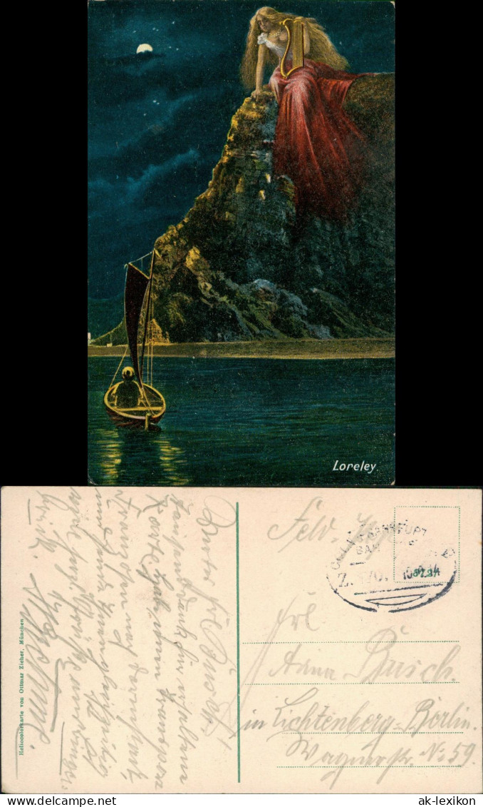 St. Goarshausen Loreleyfelsen Am Rhein Künstlerkarte Bei Mondschein 1914 - Loreley