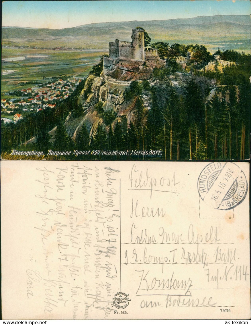 Hermsdorf Hirschberg  Schlesien Kynast 1915  Gel. Stempel Hundsfeld Bz Breslau - Schlesien