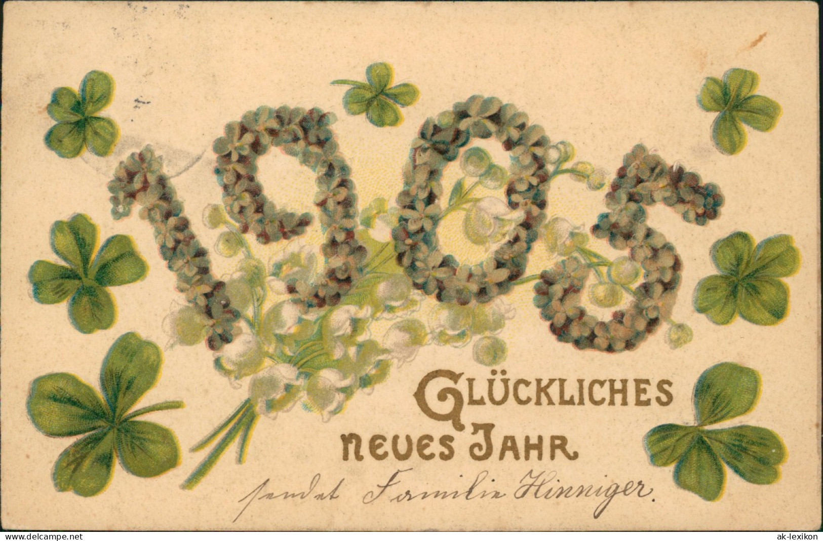 Neujahr Sylvester New Year Große Zahlen Kleeblätter 1905 Prägekarte - Other & Unclassified