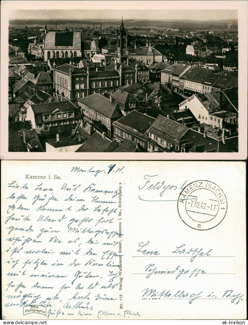 Ansichtskarte Kamenz Kamjenc Blick über Die Stadt 1940  Gel. Feldpost WK2 - Kamenz