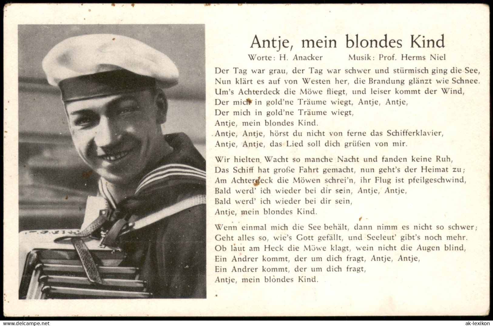 Ansichtskarte  Antje Mein Blondes Kind - Lied - Matrose 1938 - Musik