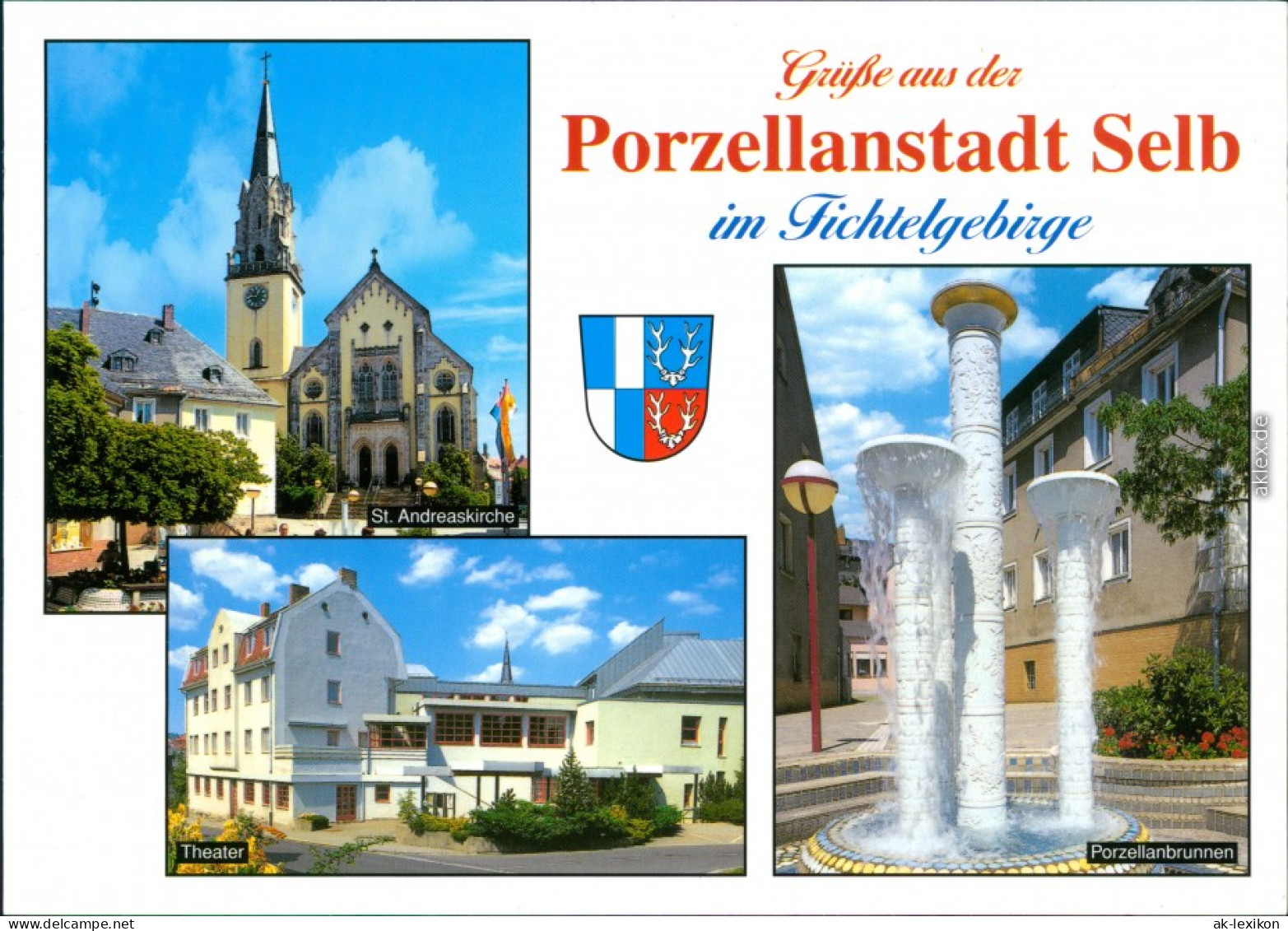 Ansichtskarte Selb St. Andreaskirche, Porzellanbrunnen, Theater 2000 - Selb