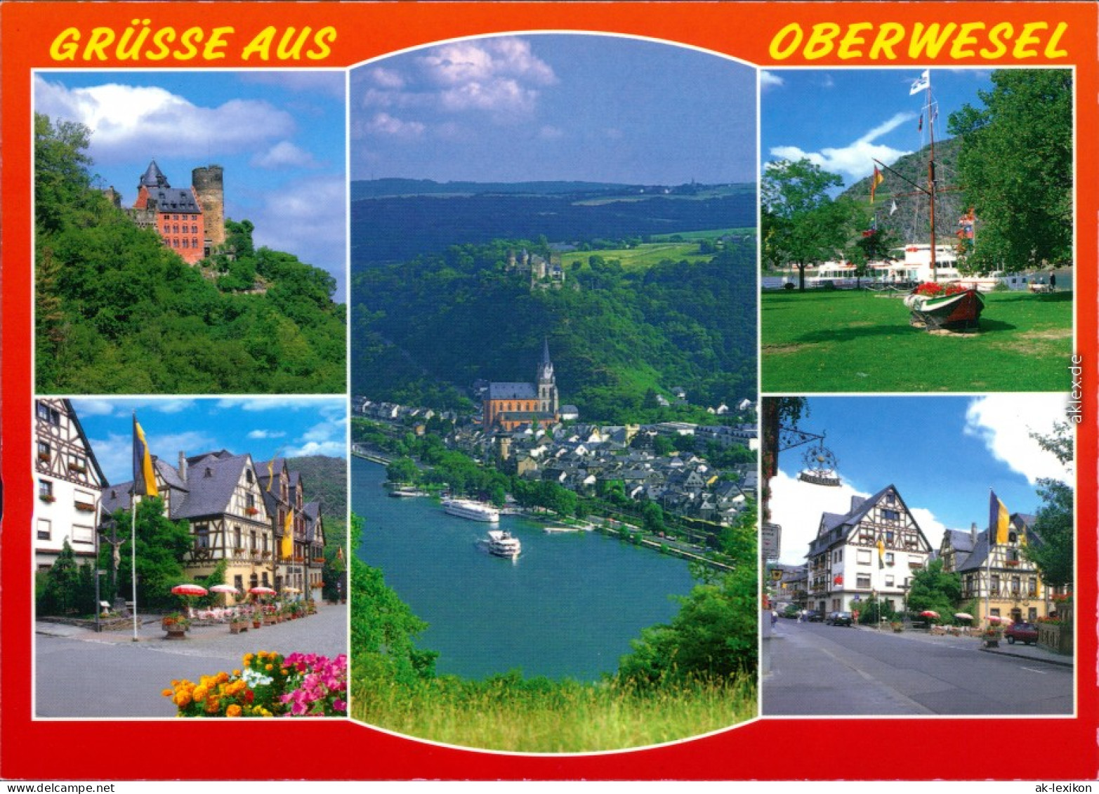 Ansichtskarte Oberwesel Burg, Überblick, Bootsanlegestelle, Ortsmotive 1990 - Oberwesel