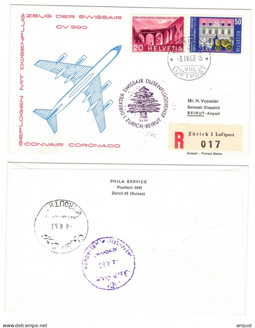 Suisse /Schweiz // Poste Aérienne // 1963 // Vol Zurich-Beirut 3.4.1963  (RF63.12.a.) - Erst- U. Sonderflugbriefe