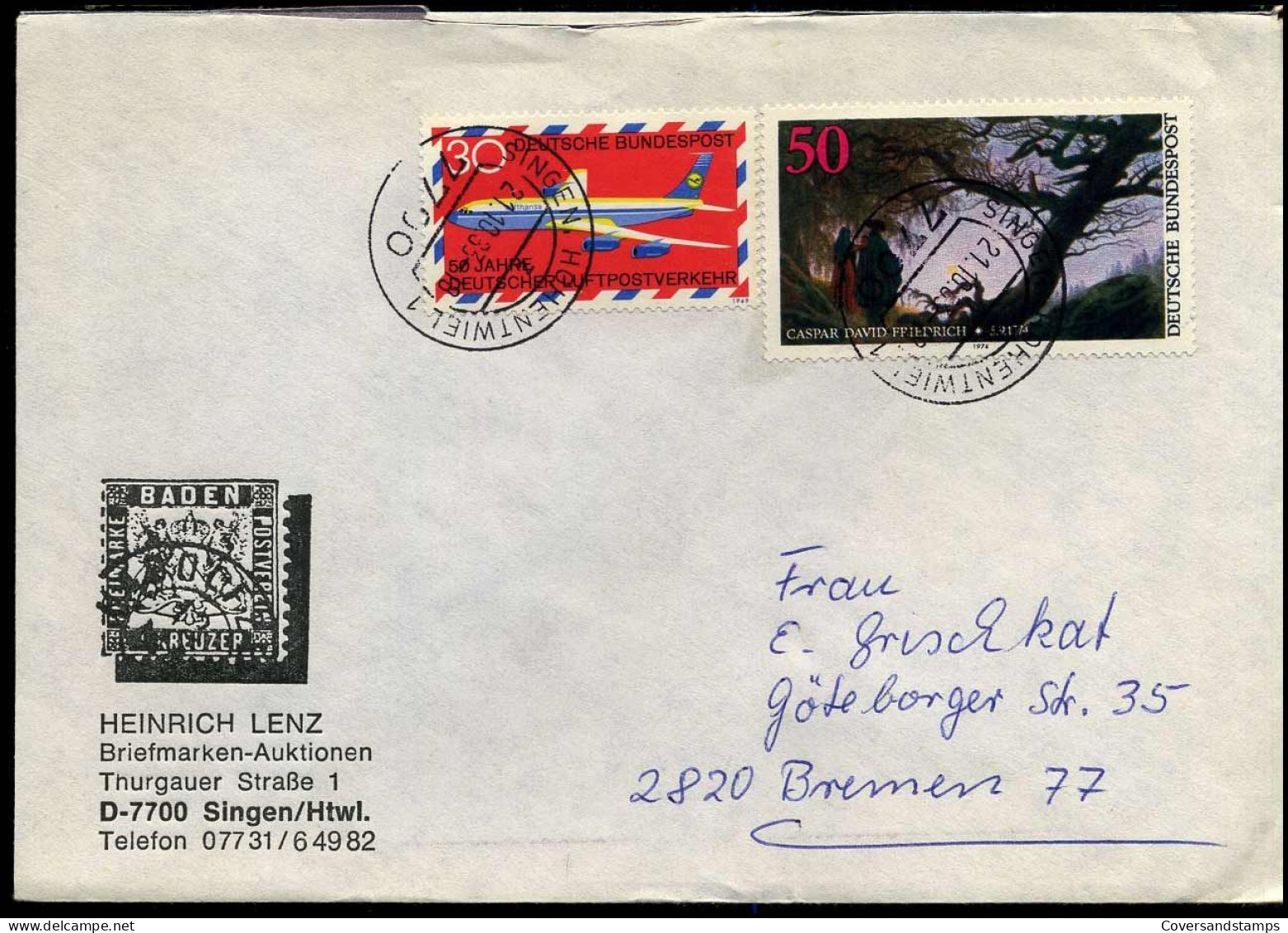 Cover To Bremen - "Heinrich Lenz, Briefmarken-Auktionen, Singen" - Covers & Documents