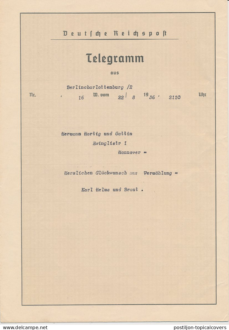 Telegram Germany 1936 - Schmuckblatt Telegramme Olympic Games Berlin 1936 - Brandenburger Tor - Clock - Other & Unclassified