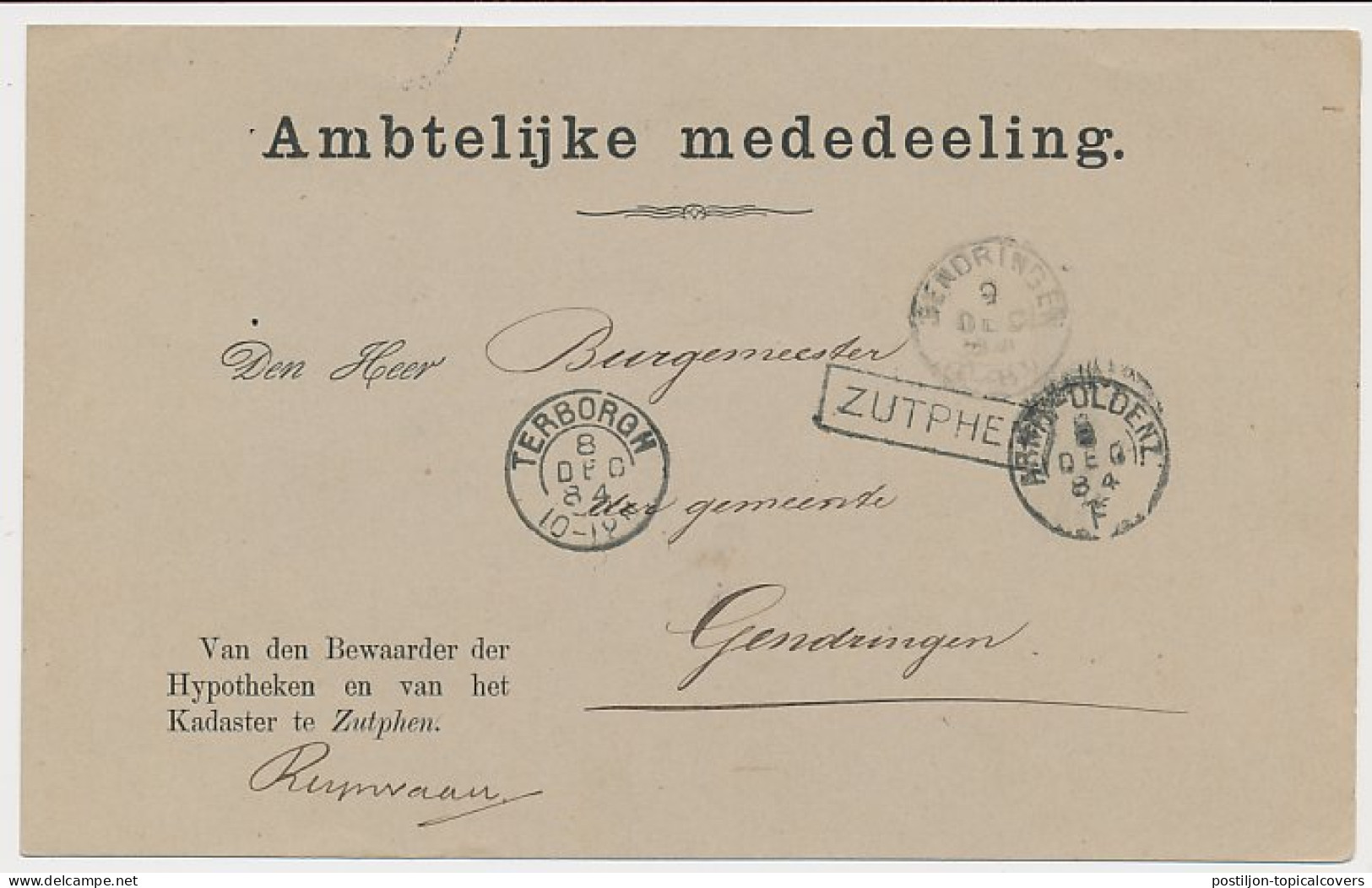 Trein Haltestempel Zutphen 1884 - Lettres & Documents