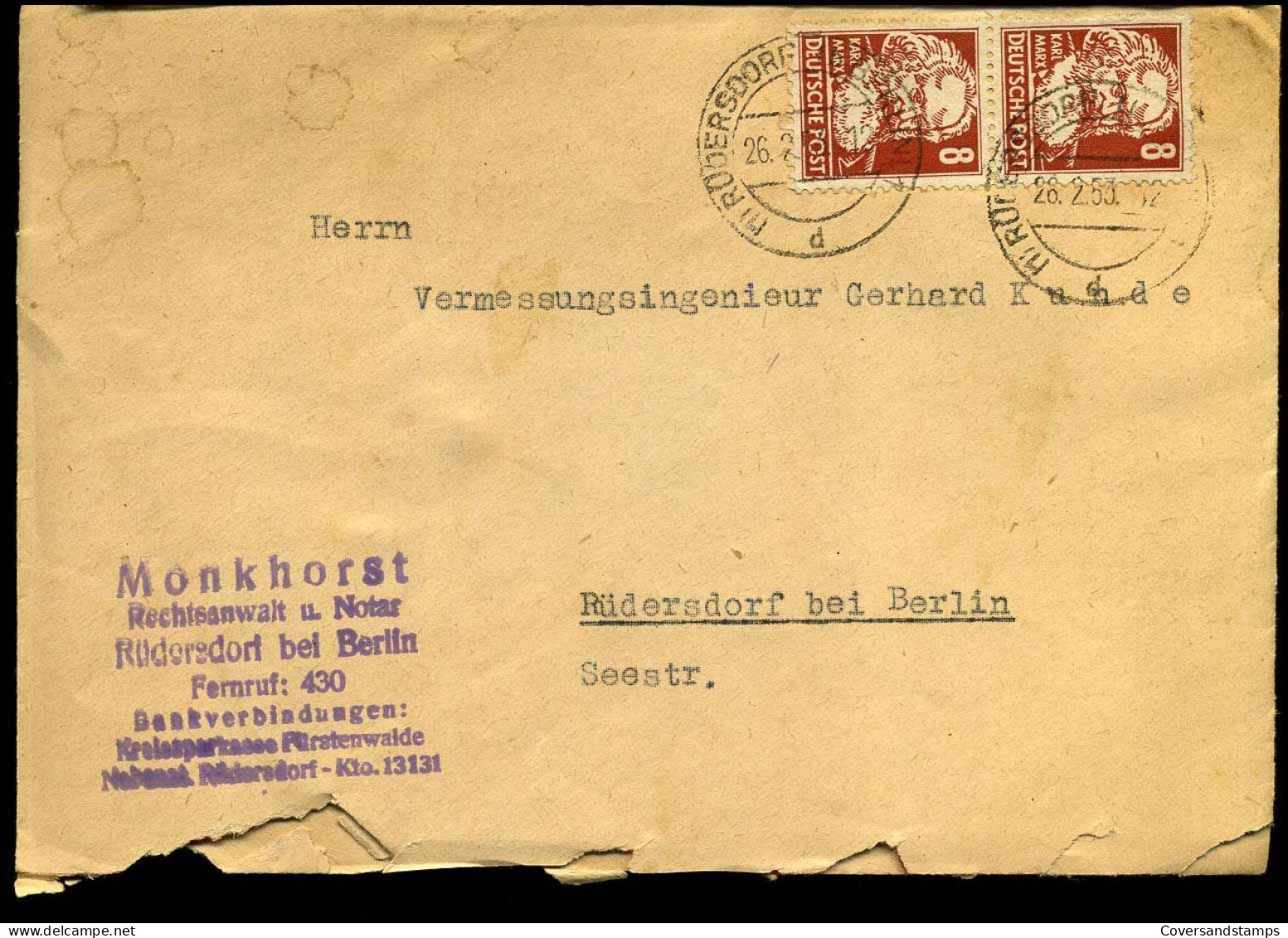 Cover To Rüdersdorf - "Monkhorst, Rechtsanwalt Und Notar, Rüdersdorf, Berlin" - Other & Unclassified