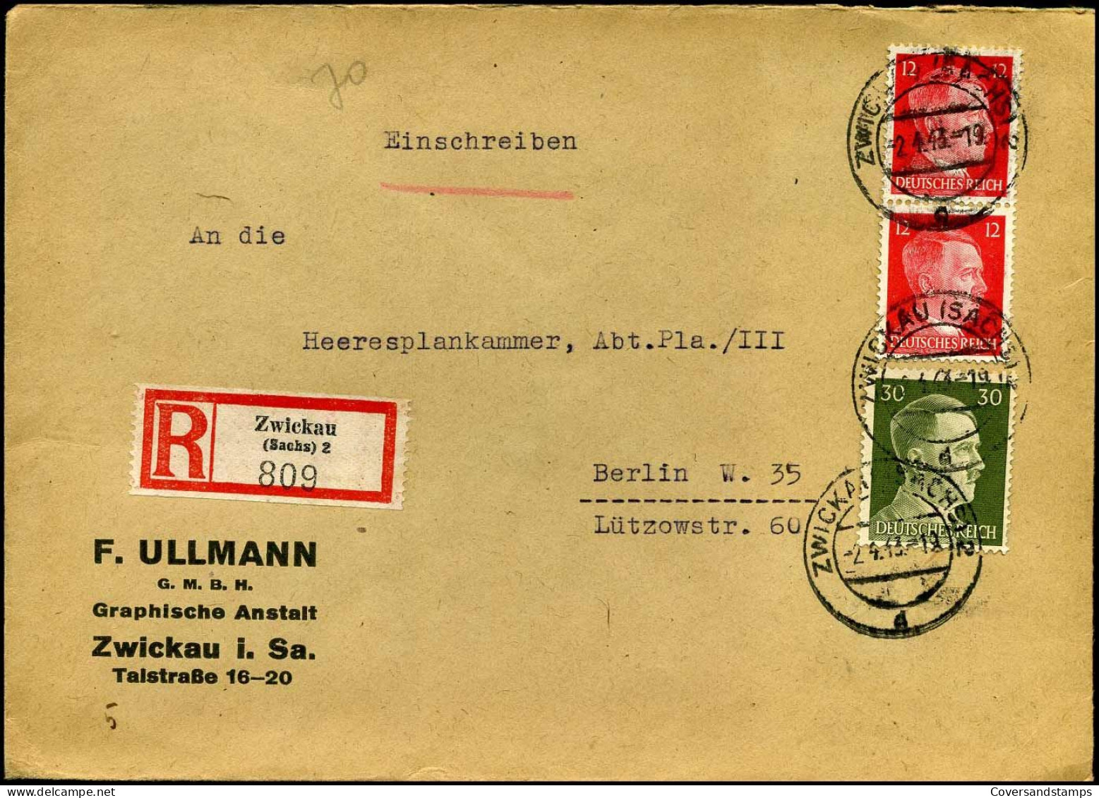Registered Cover To Berlin - "F. Ullmann Gmbh, Graphische Anstalt, Zwickau I. Sa." - Lettres & Documents